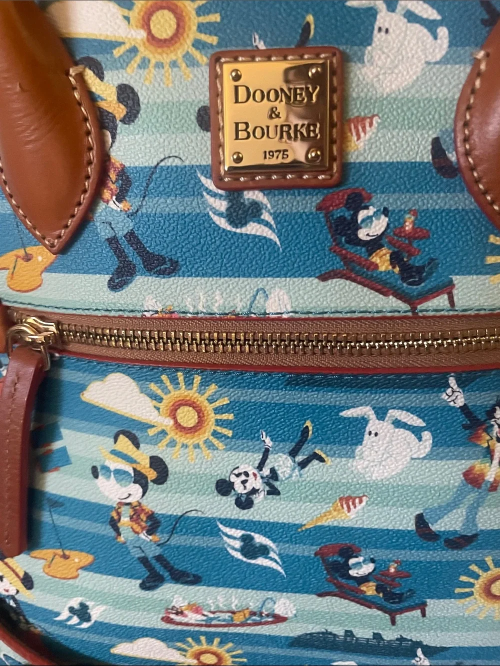 Dooney & Bourke Teal & Light Blue Disney Cruise Print Satchel with Tan Trim